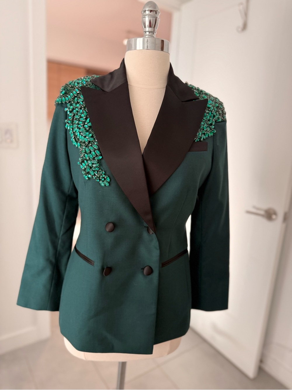 Emerald Green Double-Breasted Beaded Blazer